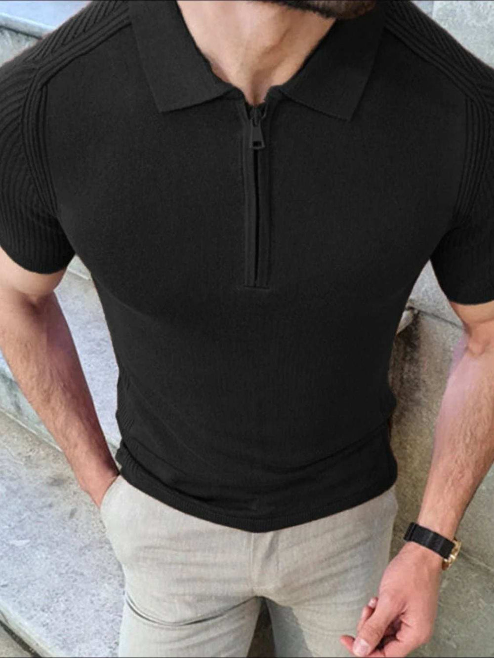 Men's Collared Neck Quarter Zip Knit Polo - Trendsi - Flyclothing LLC