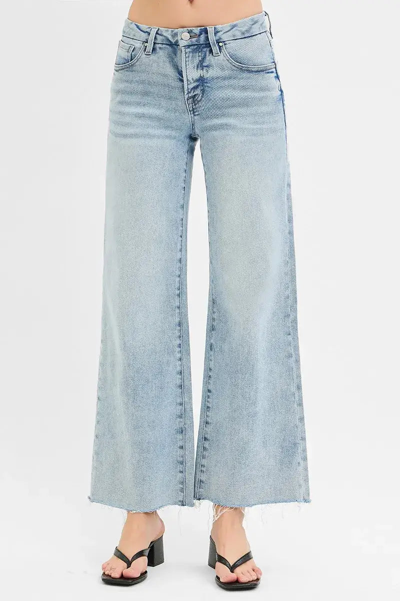 RISEN Full Size Tummy Control Low Rise Wide Leg Raw Cut Hem Jeans Plus Size - Trendsi - Flyclothing LLC