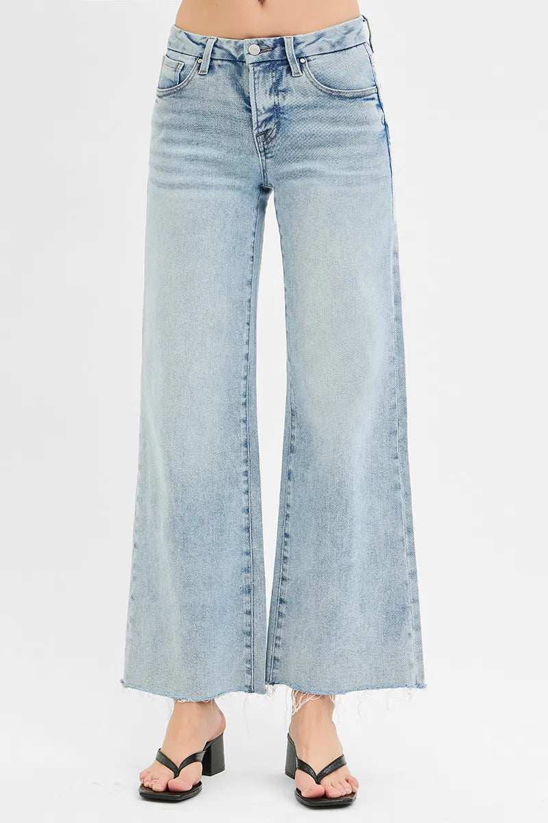 RISEN Full Size Tummy Control Low Rise Wide Leg Raw Cut Hem Jeans Plus Size - Trendsi - Flyclothing LLC