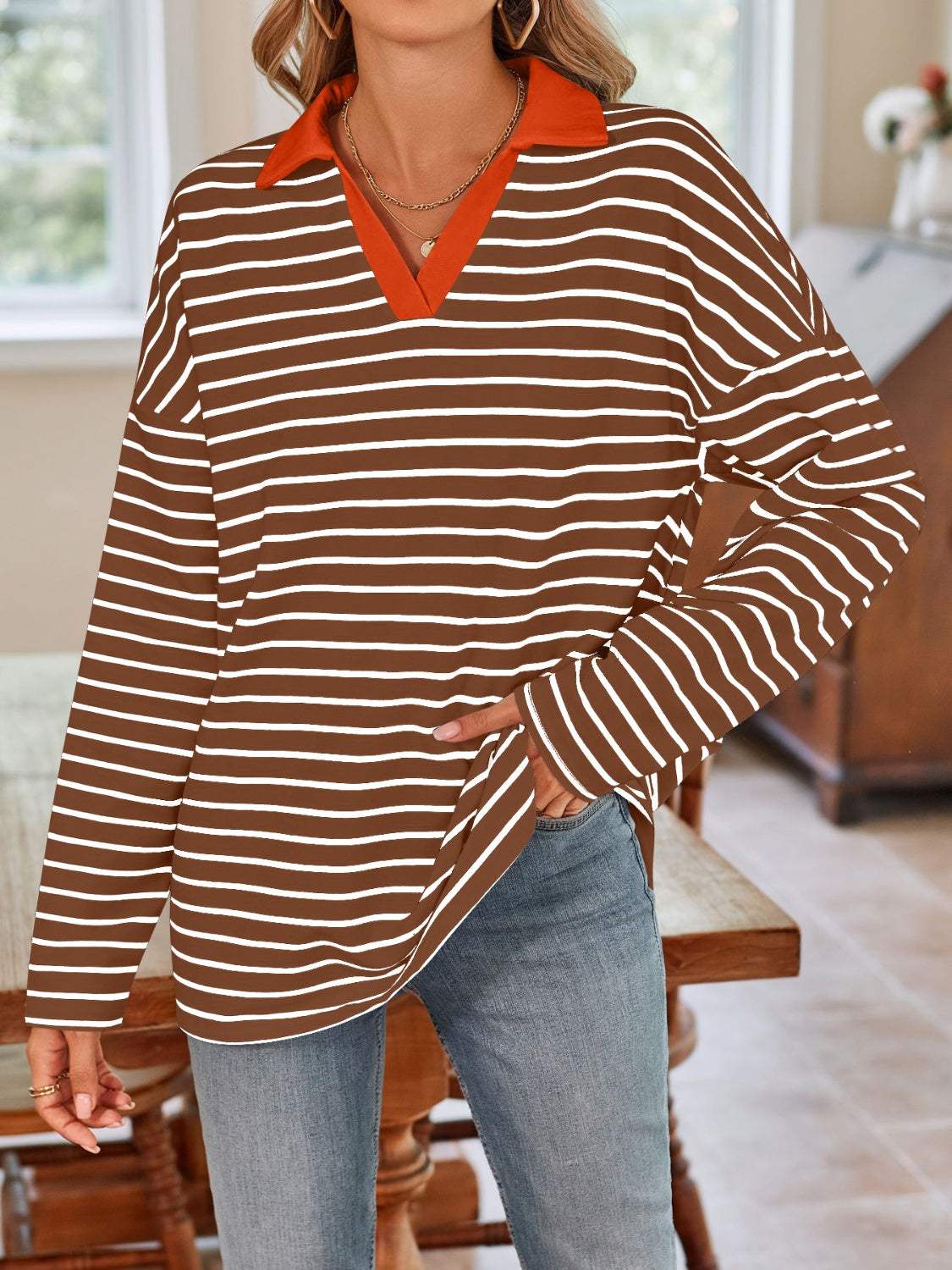 Striped Johnny Collar Long Sleeve T-Shirt - Trendsi - Flyclothing LLC