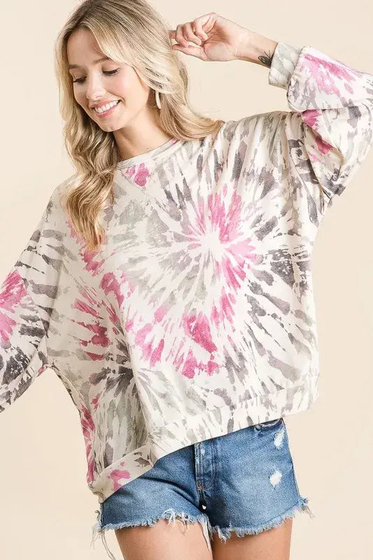 BiBi Tie Dye Print Terry Pull Over - Trendsi - Flyclothing LLC
