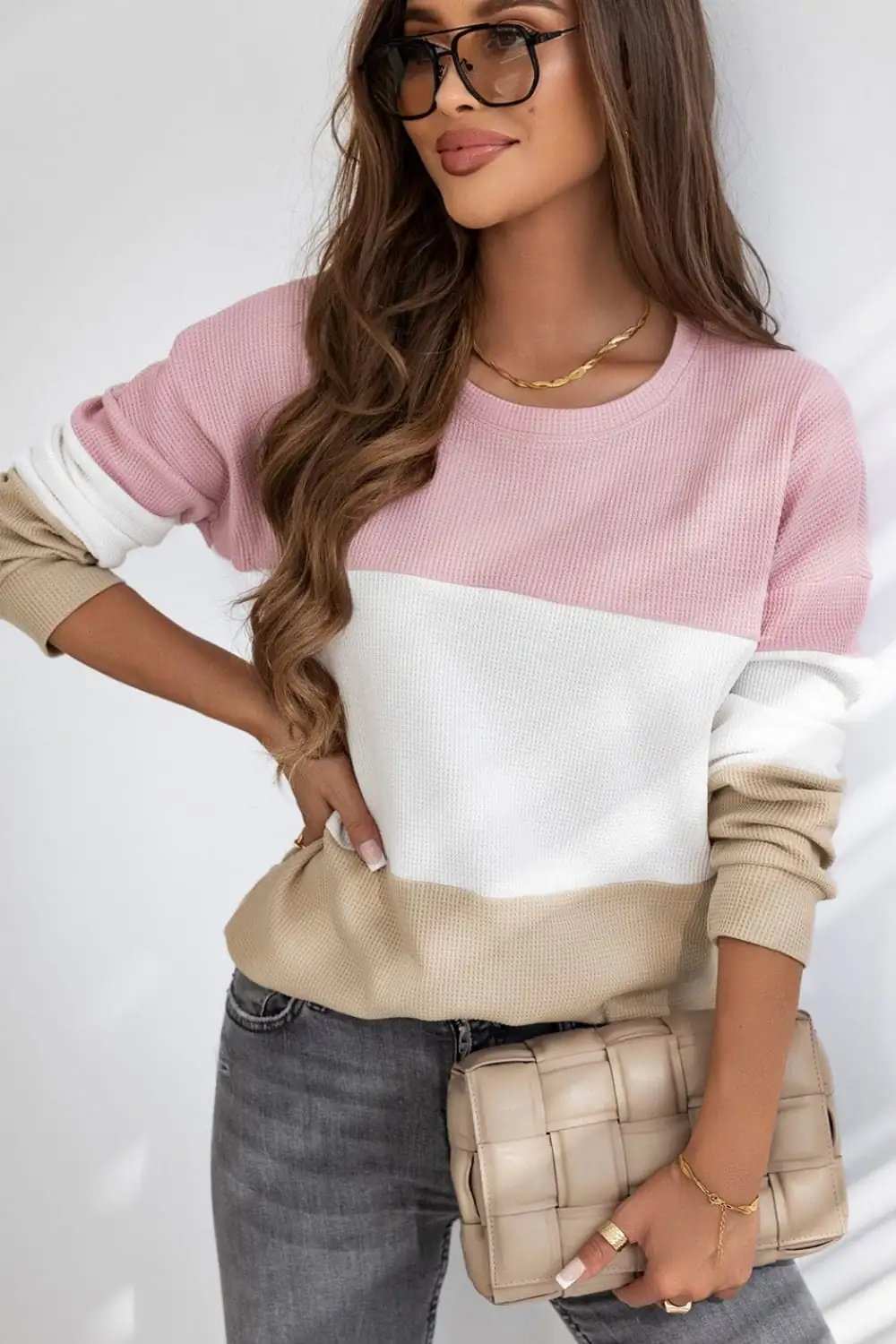 Color Block Waffle Knit Long Sleeve Top - Trendsi - Flyclothing LLC