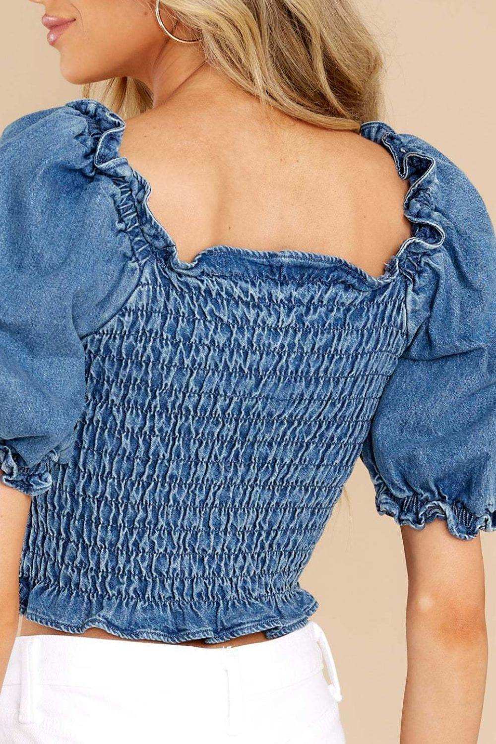 Puff Sleeve Smocked Cropped Denim Top - Trendsi - Flyclothing LLC