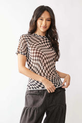 Davi & Dani Checker Board Printed Mesh Short Sleeve Top - Trendsi - Flyclothing LLC