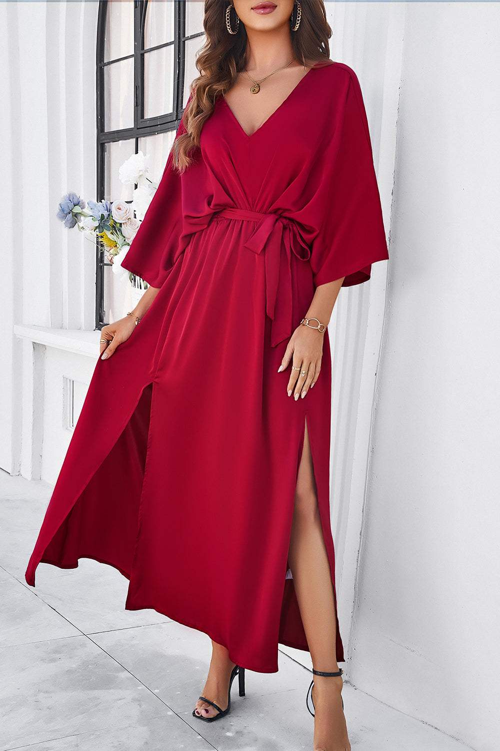 Slit Tied V-Neck Three-Quarter Sleeve Dress - Trendsi - Flyclothing LLC