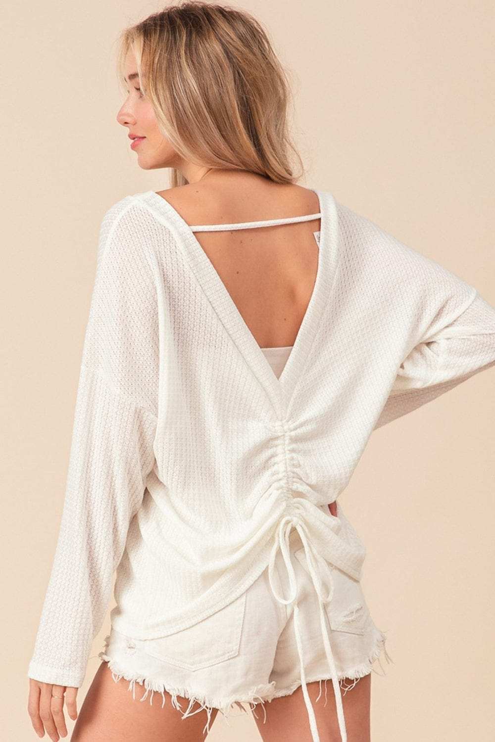BiBi Waffled Backless Drawstring T-Shirt - Trendsi - Flyclothing LLC