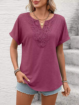 Lace Trim Short Sleeve T-Shirt - Trendsi - Flyclothing LLC