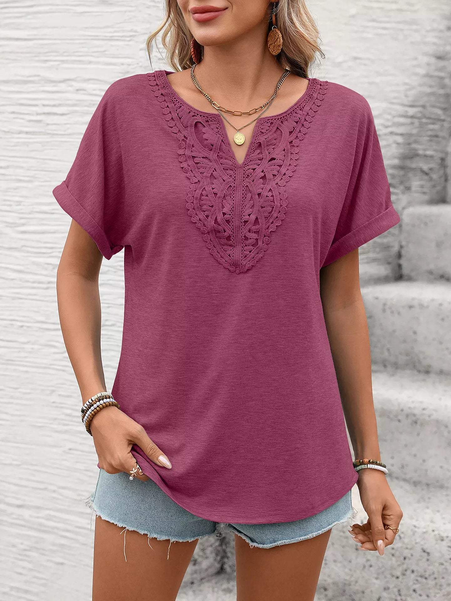 Lace Trim Short Sleeve T-Shirt - Trendsi - Flyclothing LLC