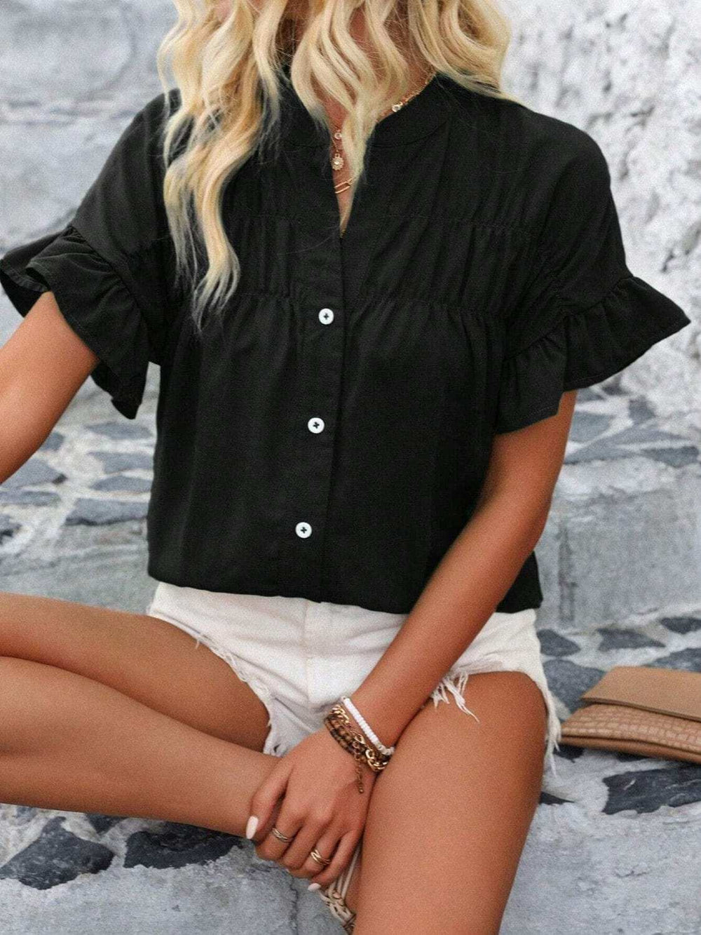 Button Down Ruffled Short Sleeve Shirt - Trendsi - Flyclothing LLC