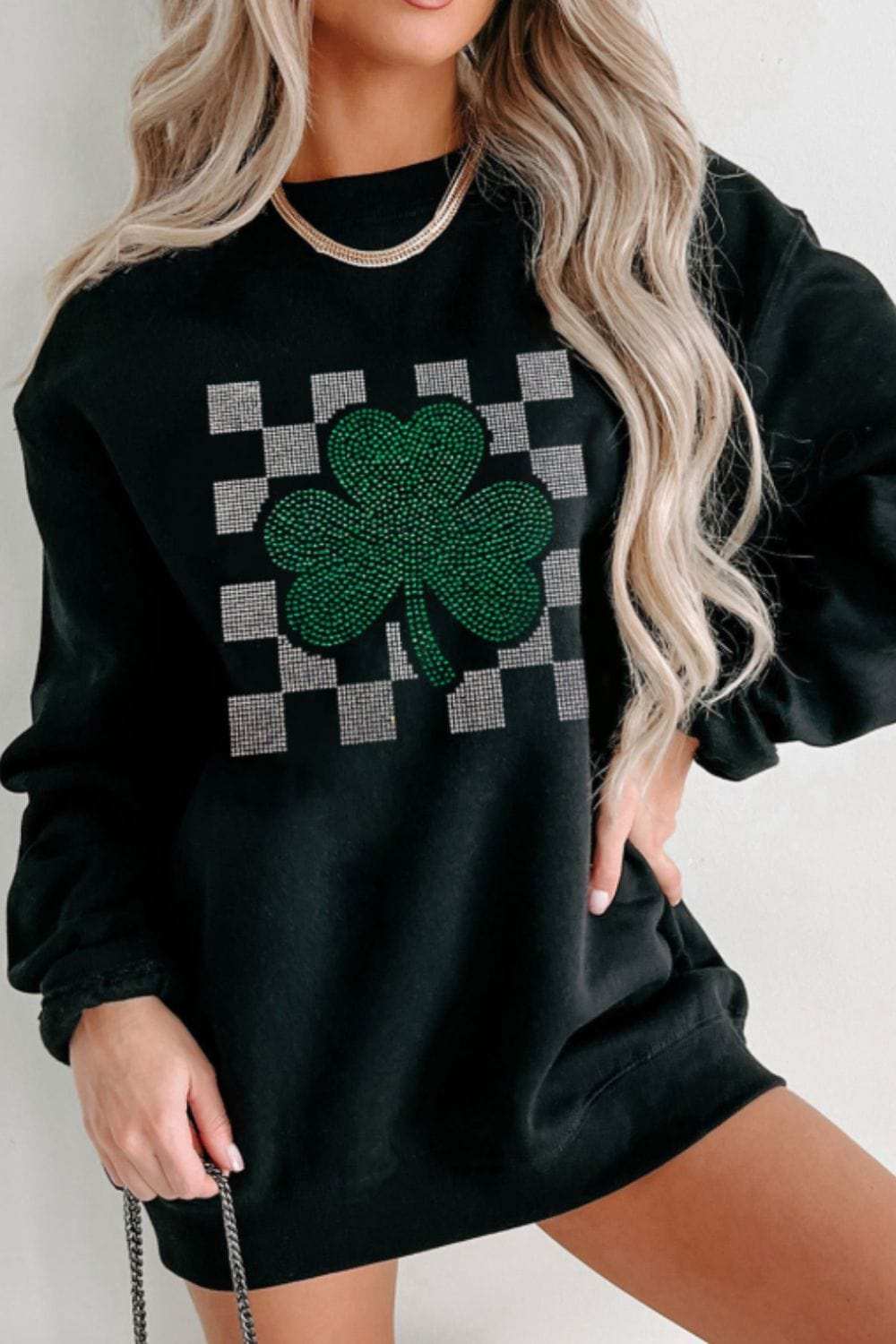Rhinestone Checkered Lucky Clover Round Neck Sweatshirt - Trendsi - Flyclothing LLC