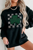 Rhinestone Checkered Lucky Clover Round Neck Sweatshirt - Trendsi - Flyclothing LLC