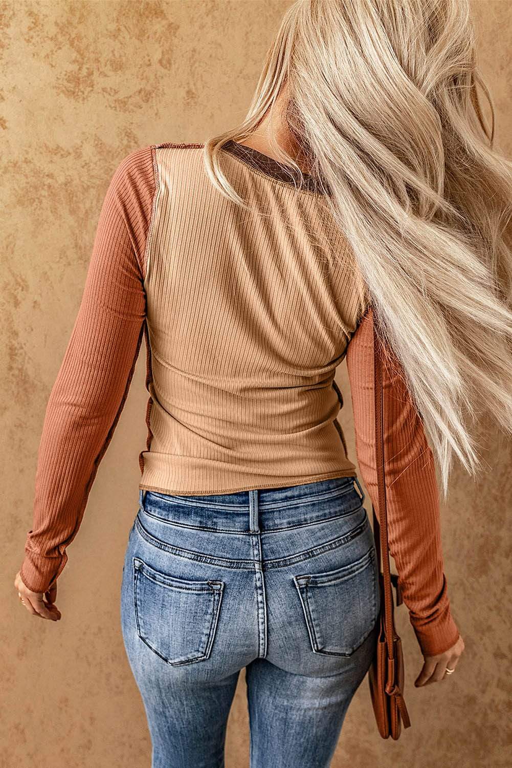 Exposed Seam Contrast Round Neck Long Sleeve T-Shirt - Trendsi - Flyclothing LLC