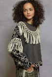 POL Contrast Floral Embroidery Balloon Sleeve Top with Tassel Trim - Trendsi - Flyclothing LLC