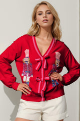Double Take Full Size Nutcracker Sequin Bow Decor Cardigan - Trendsi