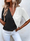 Decorative Button Surplice Short Sleeve Blouse - Trendsi