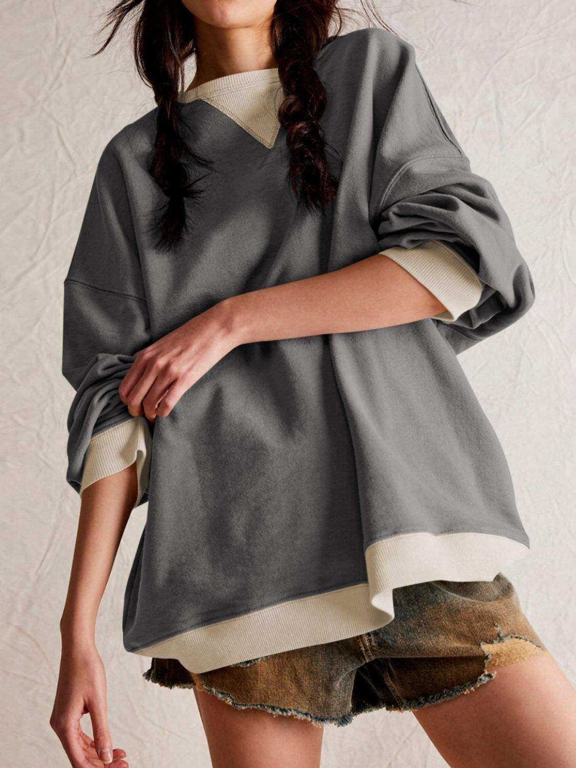 Contrast Dropped Shoulder Long Sleeve Sweatshirt - Trendsi - Flyclothing LLC