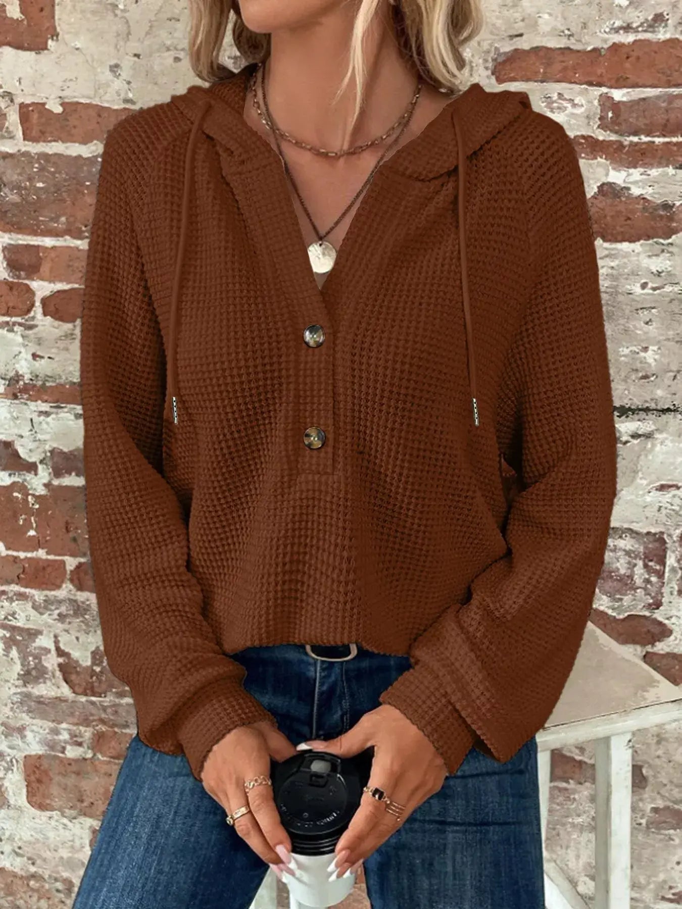 Waffle Knit Button Detail Hoodie - Trendsi - Flyclothing LLC