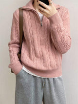 Cable-Knit Half Zip Long Sleeve Sweater - Trendsi - Flyclothing LLC