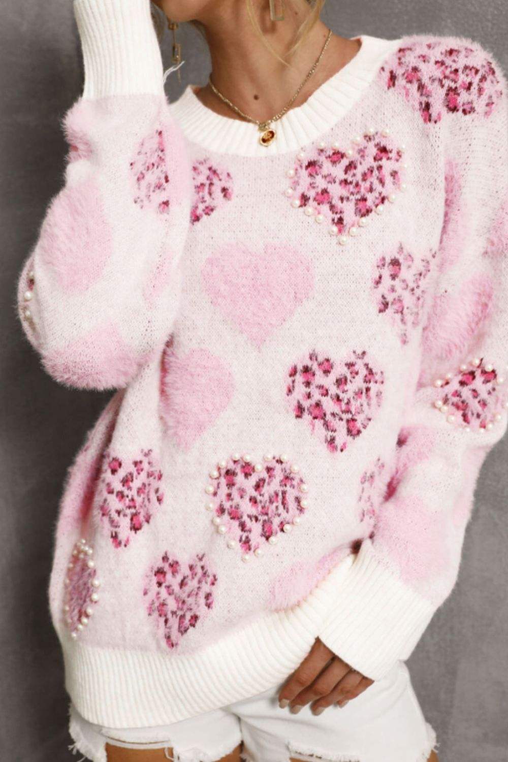 Pearl Detail Heart Round Neck Sweater - Trendsi - Flyclothing LLC