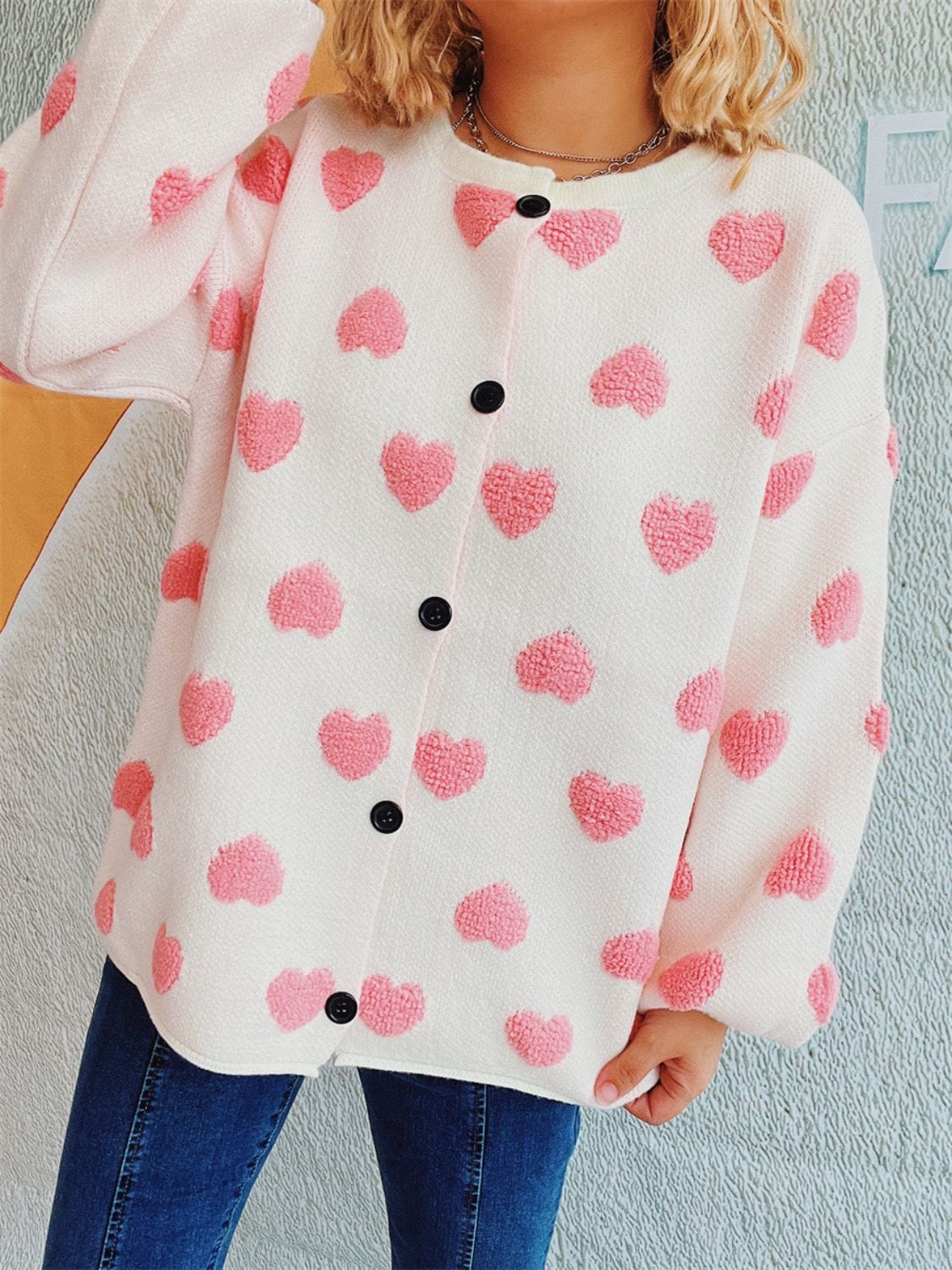 Heart Button Up Long Sleeve Cardigan - Trendsi