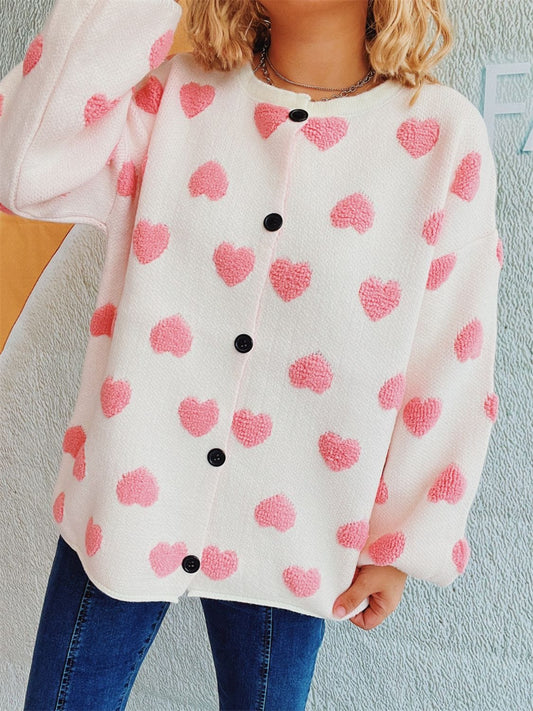 Heart Button Up Long Sleeve Cardigan - Trendsi