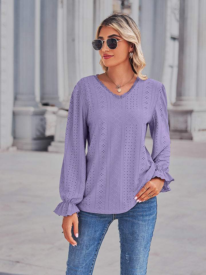 Eyelet V-Neck Flounce Sleeve Blouse - Trendsi - Flyclothing LLC