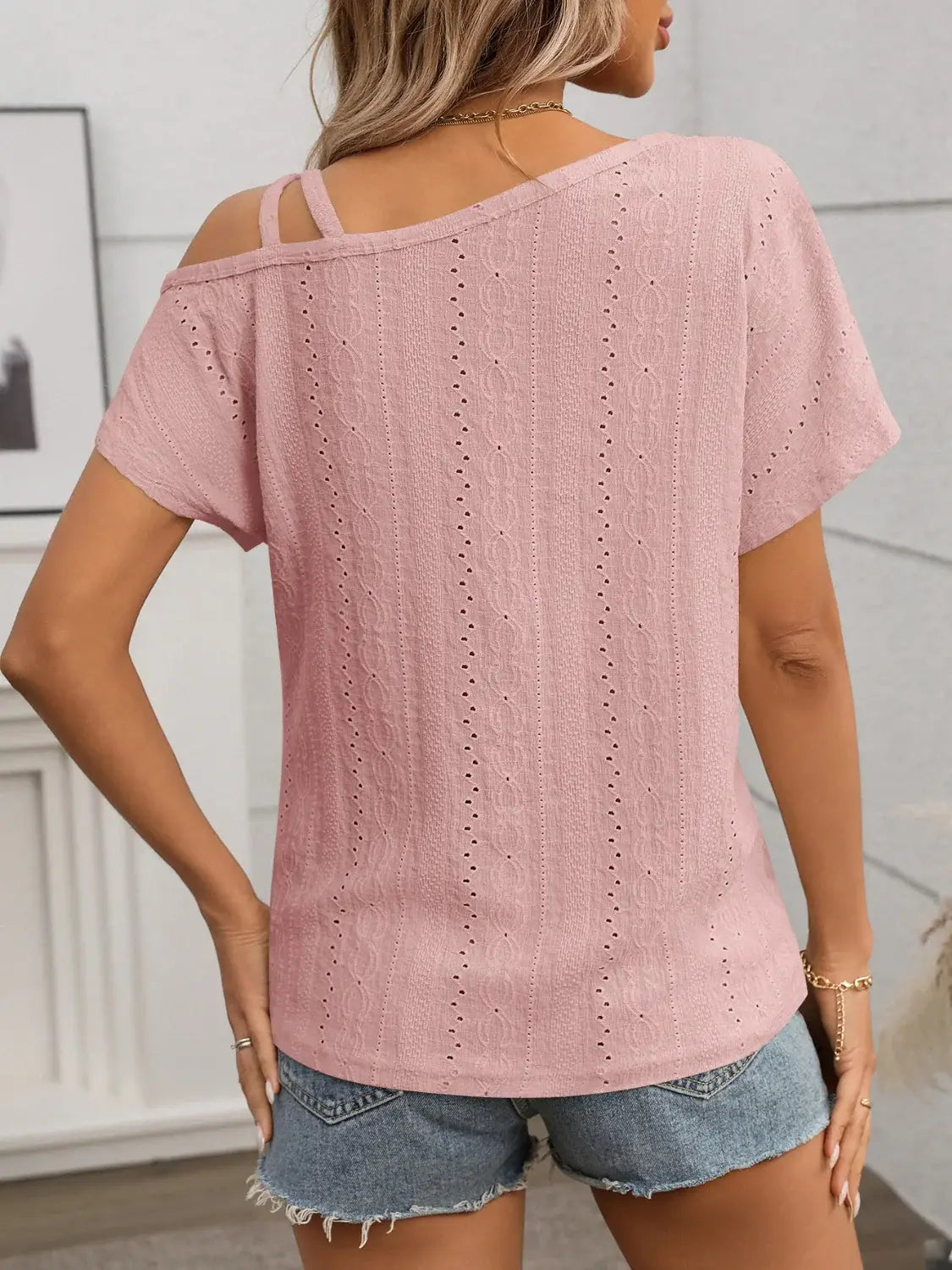 Eyelet Asymmetrical Shoulder Short Sleeve T-Shirt - Trendsi - Flyclothing LLC