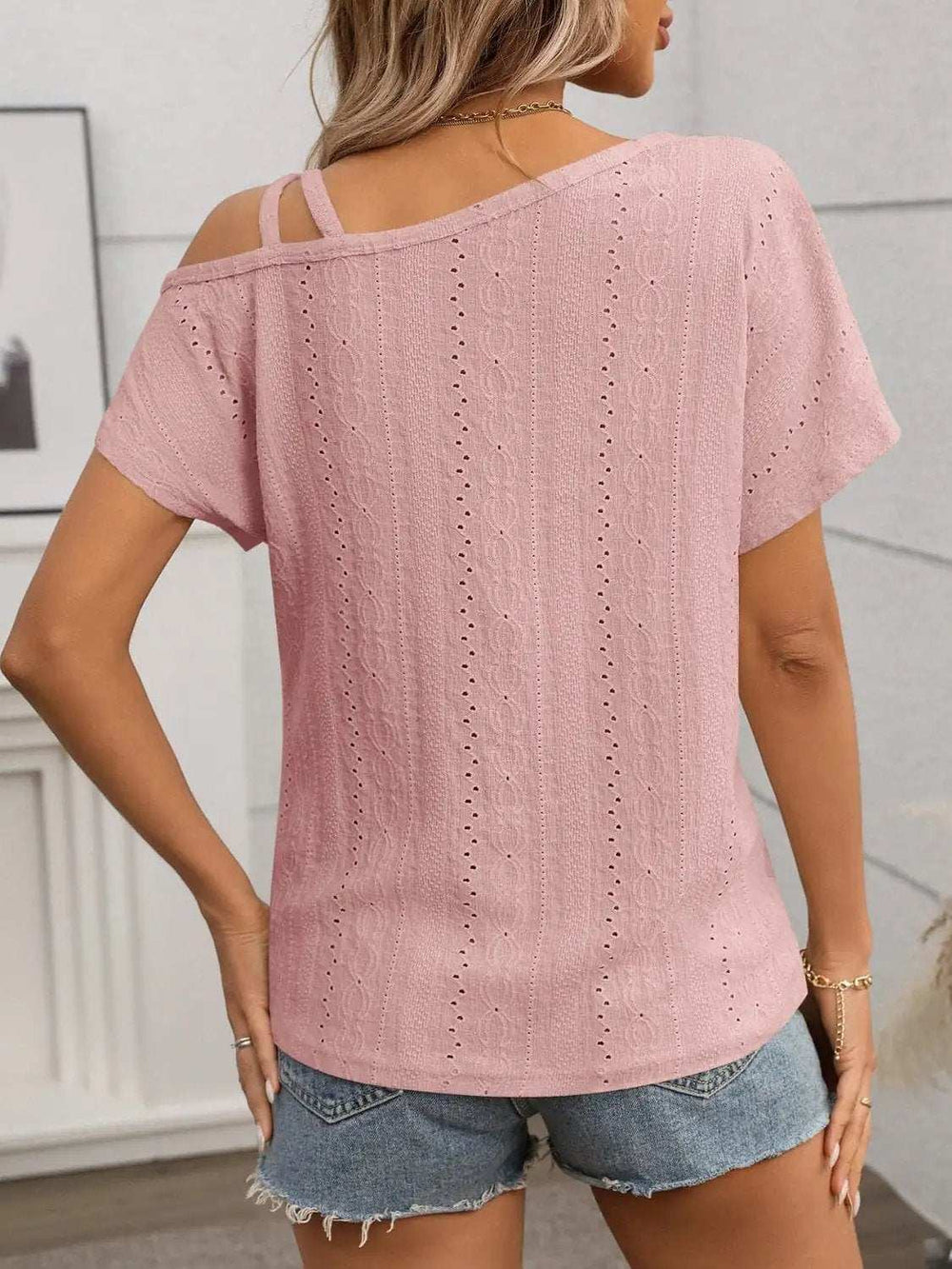 Eyelet Asymmetrical Shoulder Short Sleeve T-Shirt - Trendsi - Flyclothing LLC