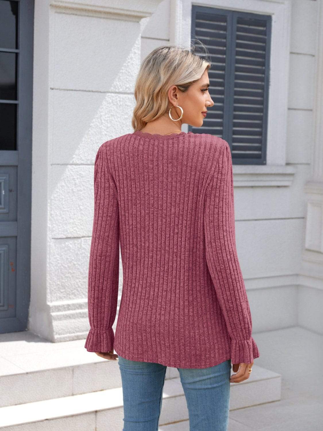 Lace Detail V-Neck Long Sleeve T-Shirt - Trendsi - Flyclothing LLC