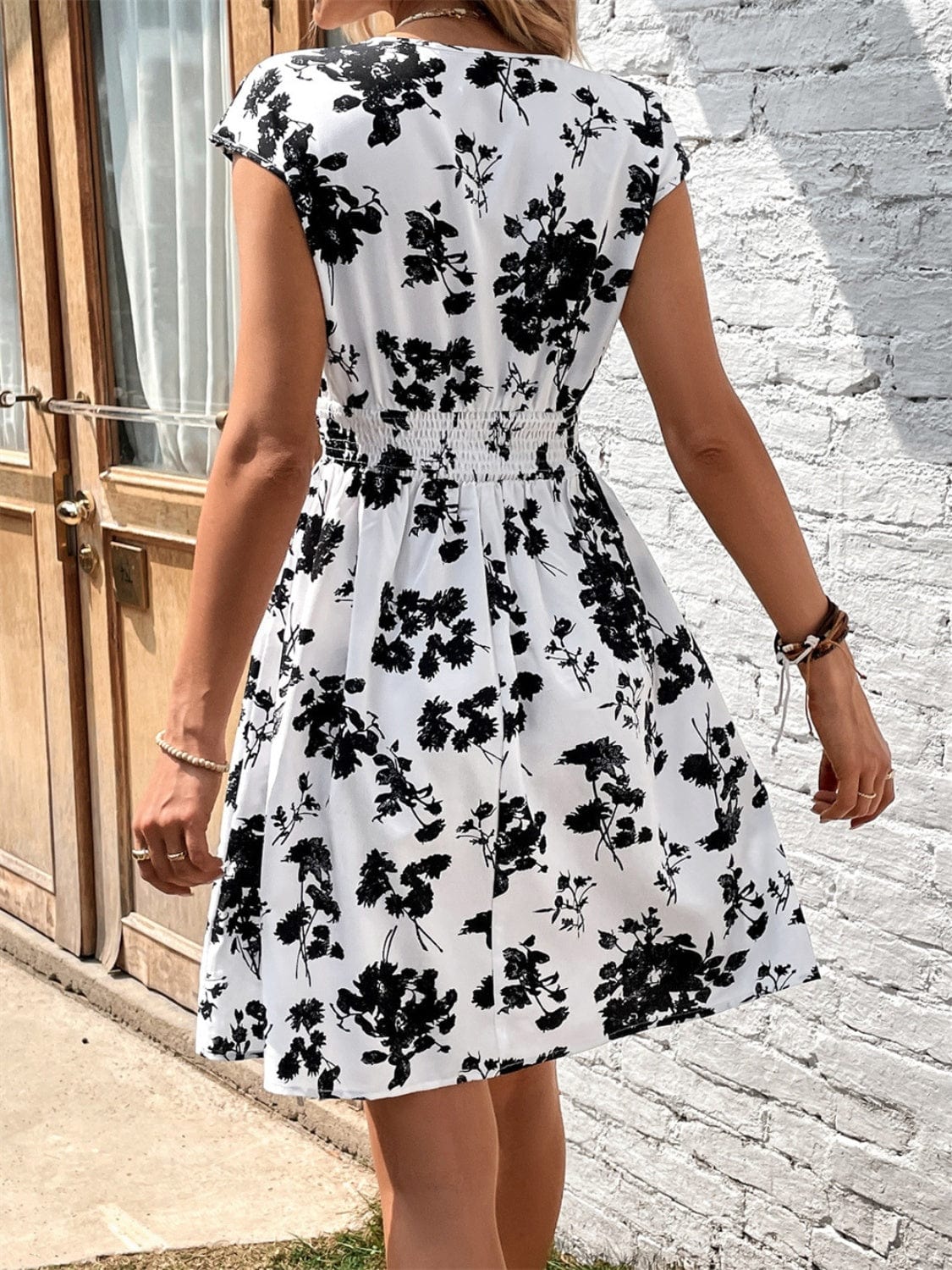 Printed Surplice Cap Sleeve Dress - Trendsi