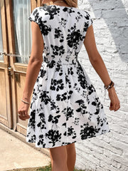 Printed Surplice Cap Sleeve Dress - Trendsi