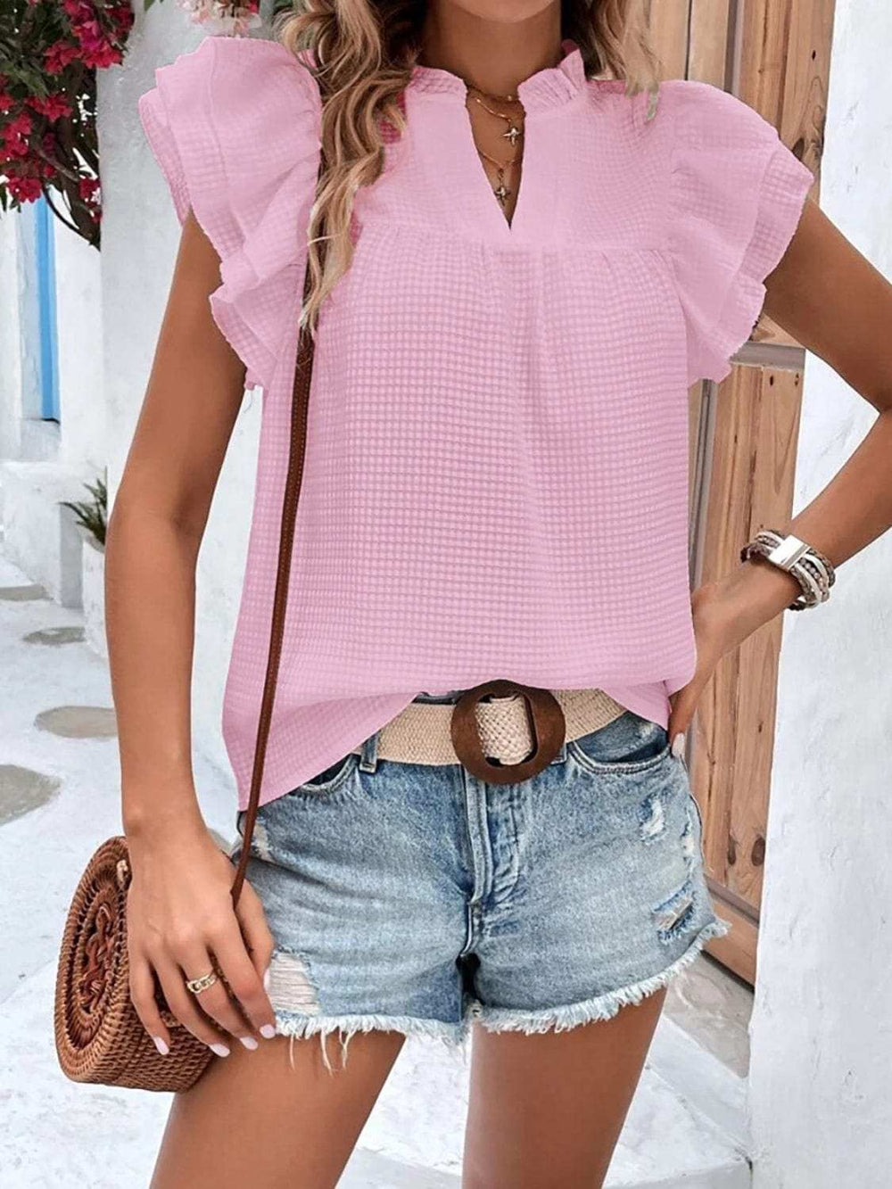Ruffled Notched Cap Sleeve Blouse - Trendsi - Flyclothing LLC