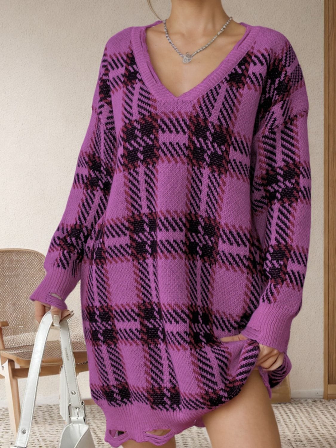 Distressed Plaid V-Neck Long Sleeve Sweater Dress - Trendsi