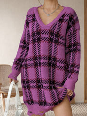 Distressed Plaid V-Neck Long Sleeve Sweater Dress - Trendsi