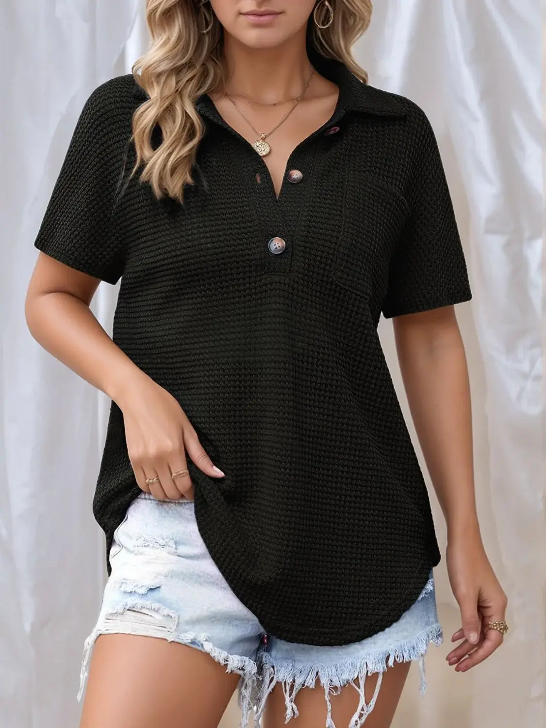 Waffle-Knit Short Sleeve Polo Shirt - Trendsi - Flyclothing LLC