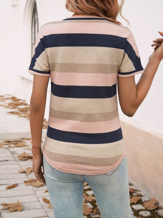 Devine Color Block V-Neck Short Sleeve Knit Top - Trendsi