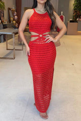 Cutout Slit Round Neck Sweater Dress - Trendsi