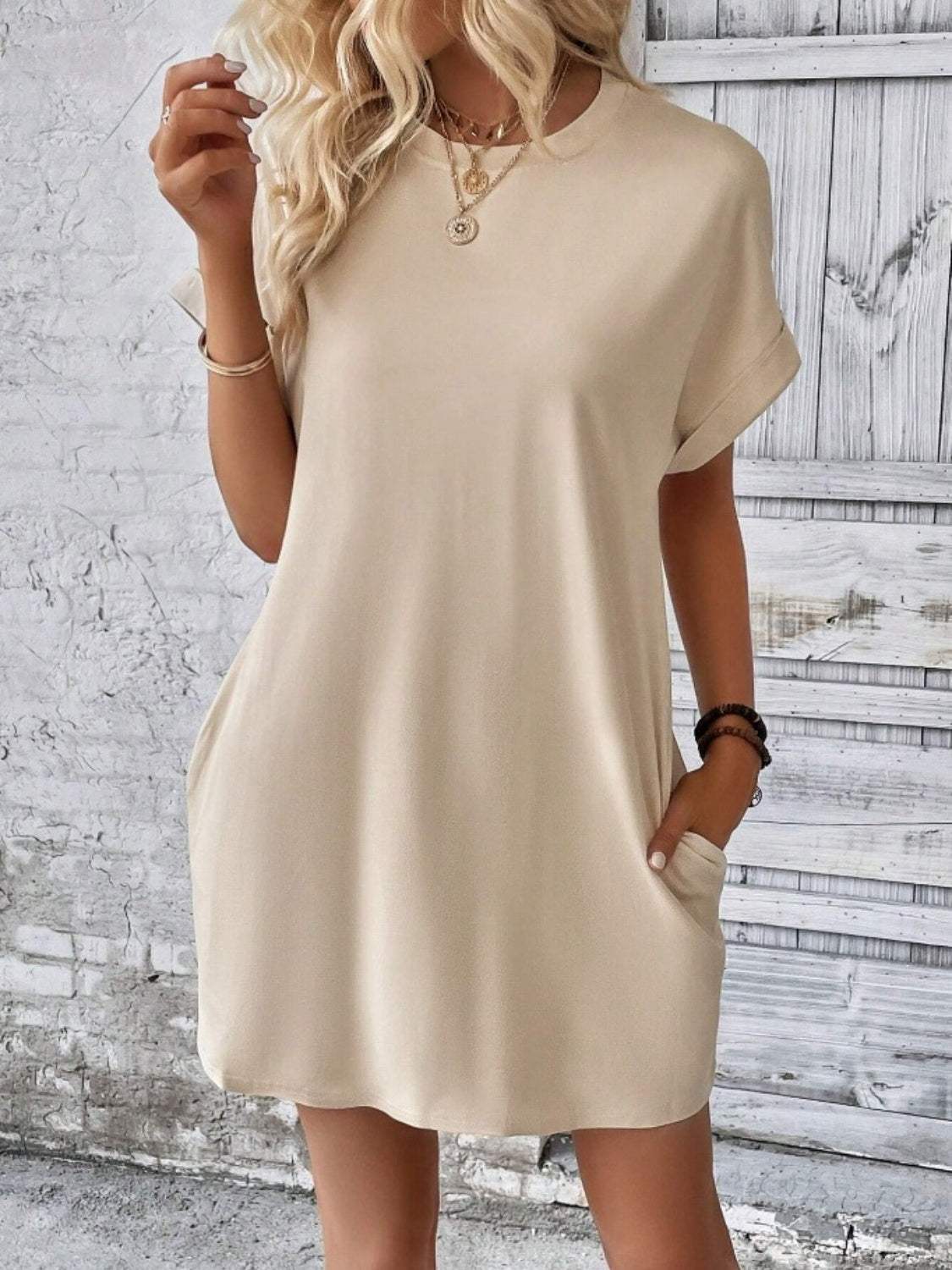 Pocketed Round Neck Short Sleeve Dress - Trendsi - Flyclothing LLC