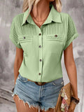 Pleated Detail Collared Neck Short Sleeve Shirt - Trendsi - Flyclothing LLC