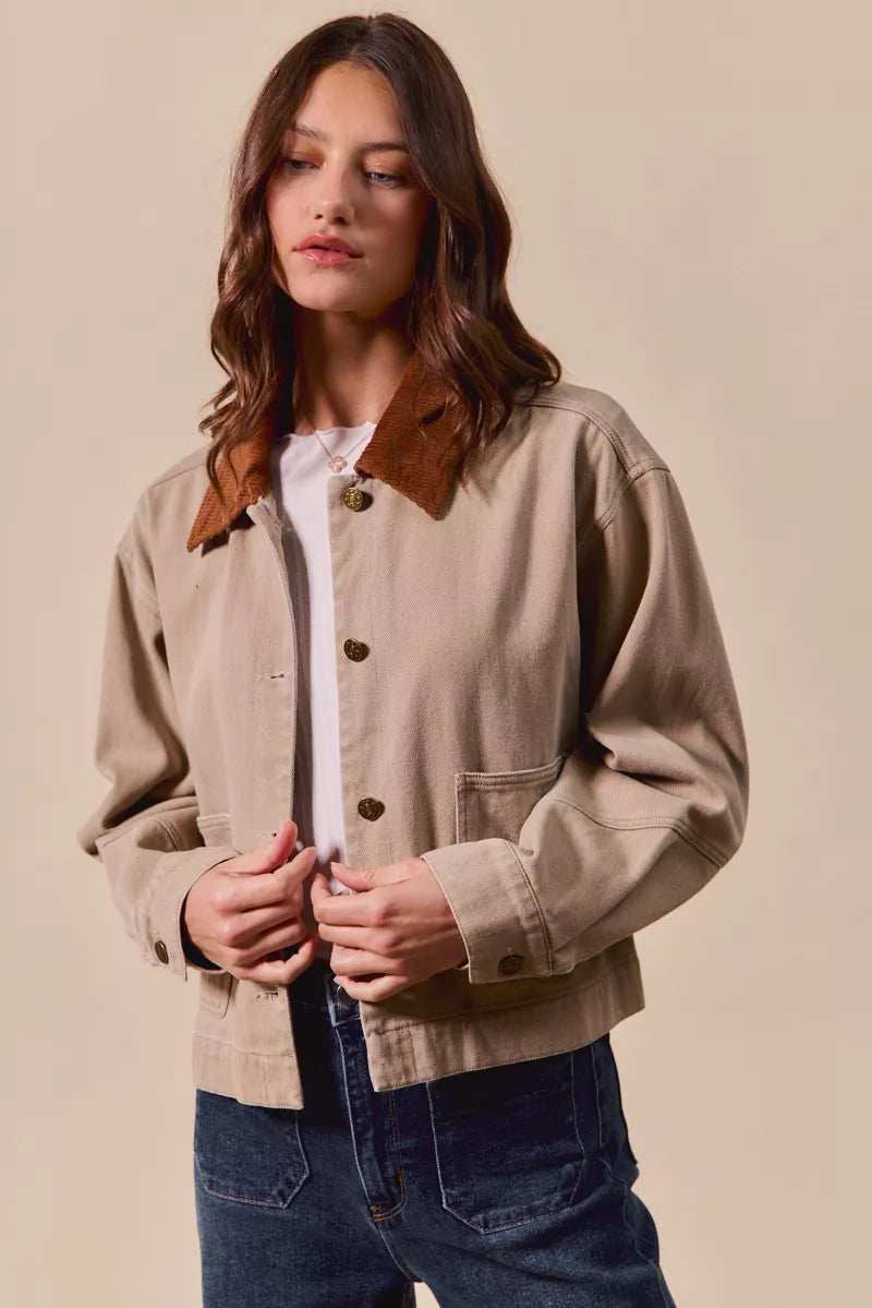 SO ME Cotton Twill Cropped Barn Jacket wtih Collar - Trendsi - Flyclothing LLC