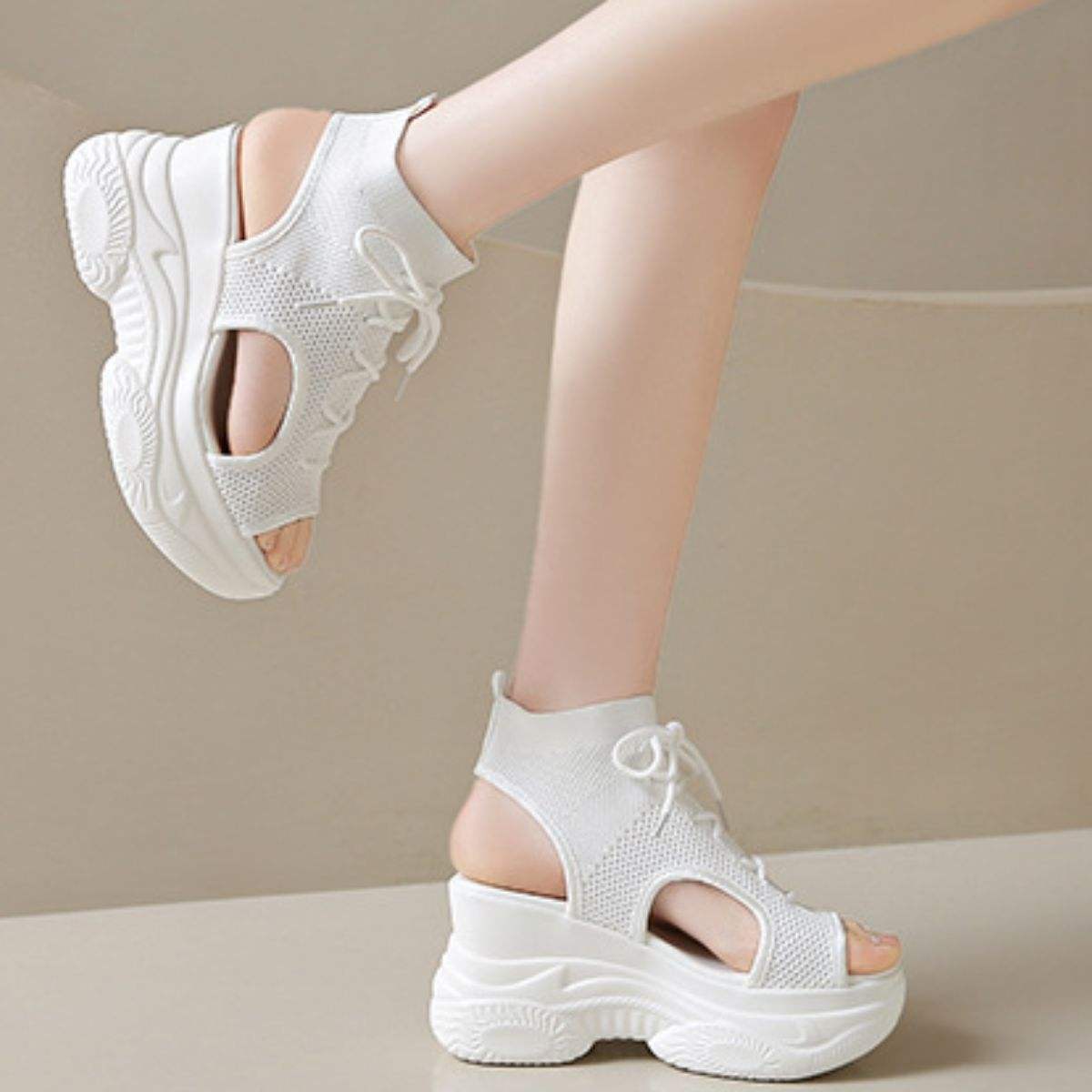 Cutout Mesh Wedge Sandals - Trendsi - Flyclothing LLC