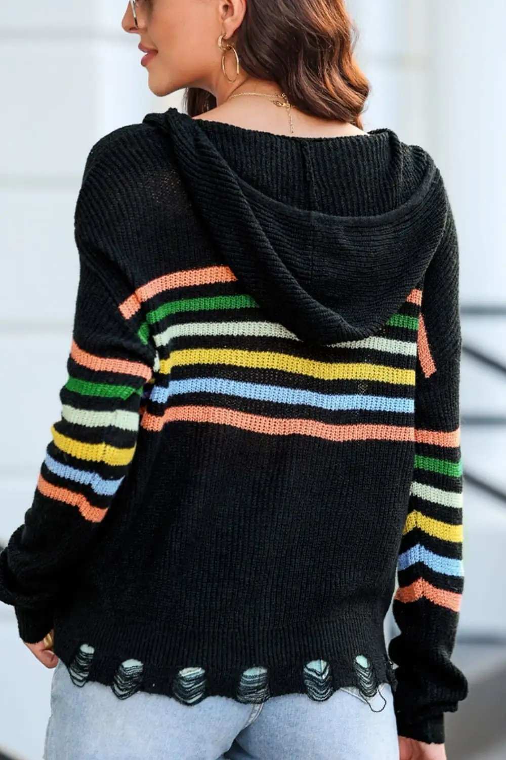 Striped Zip Up Hooded Sweater Cardigan - Trendsi - Flyclothing LLC