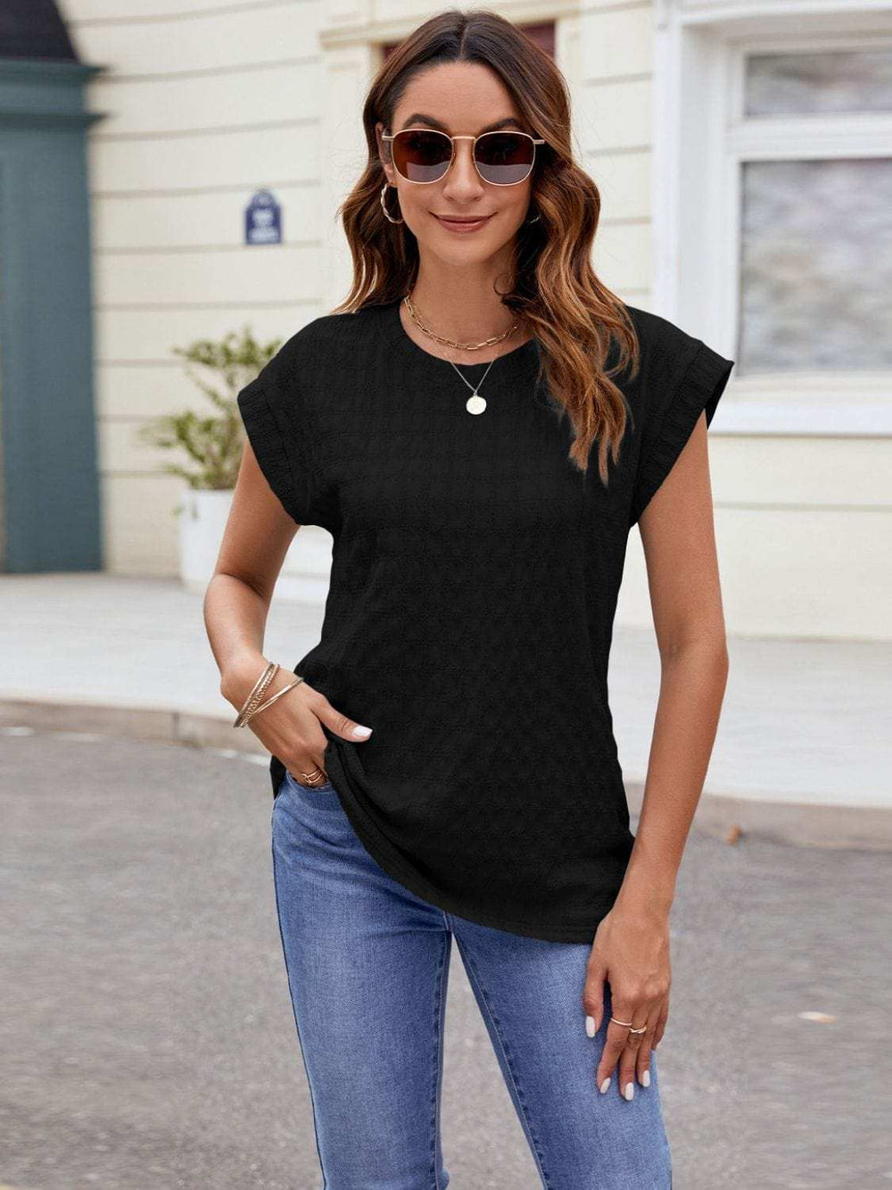 Textured Round Neck Cap Sleeve T-Shirt - Trendsi - Flyclothing LLC