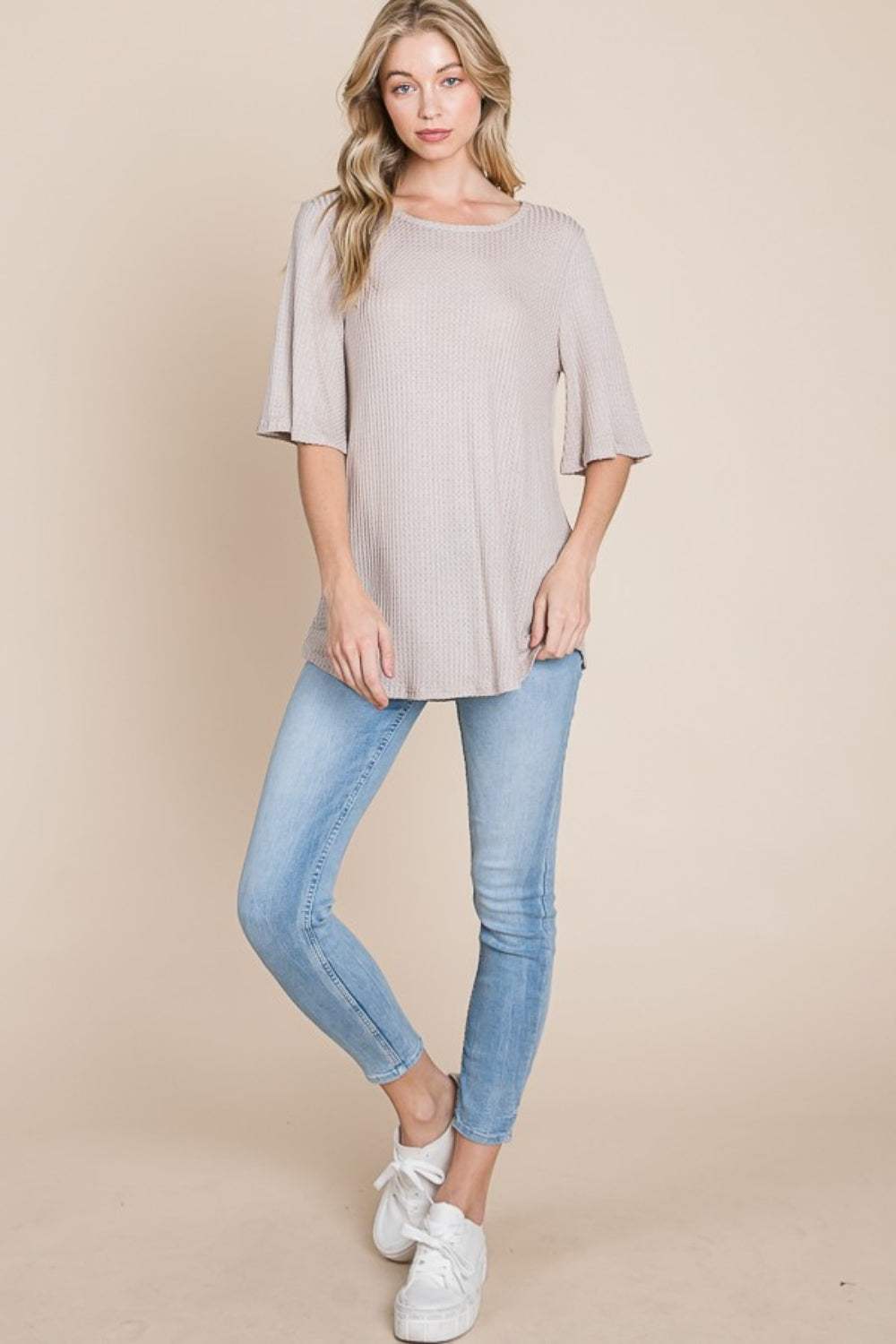 BOMBOM Round Neck Waffle Knit T-Shirt - Trendsi - Flyclothing LLC