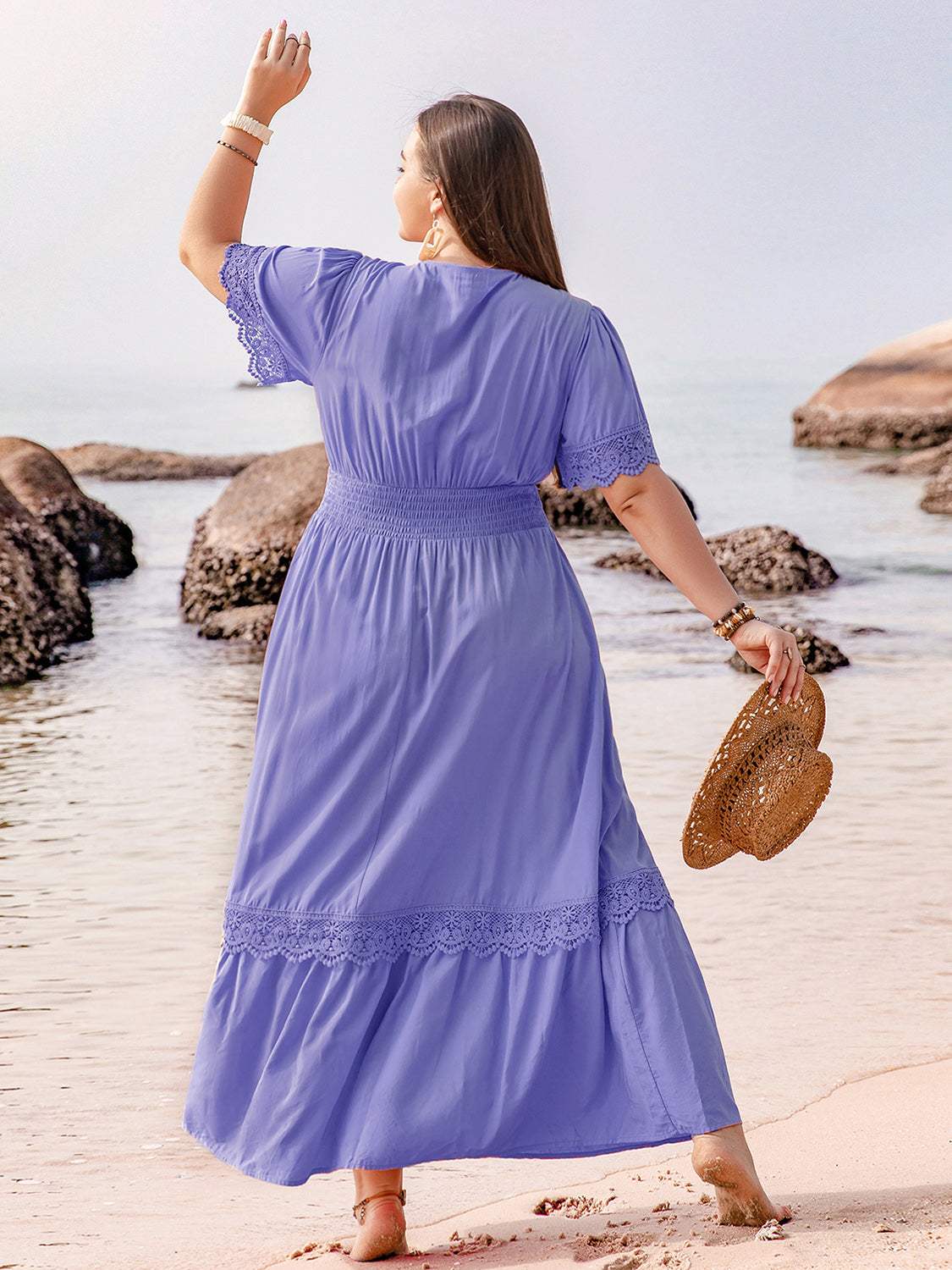 Plus Size Lace Detail Tie Neck Short Sleeve Maxi Dress - Trendsi - Flyclothing LLC