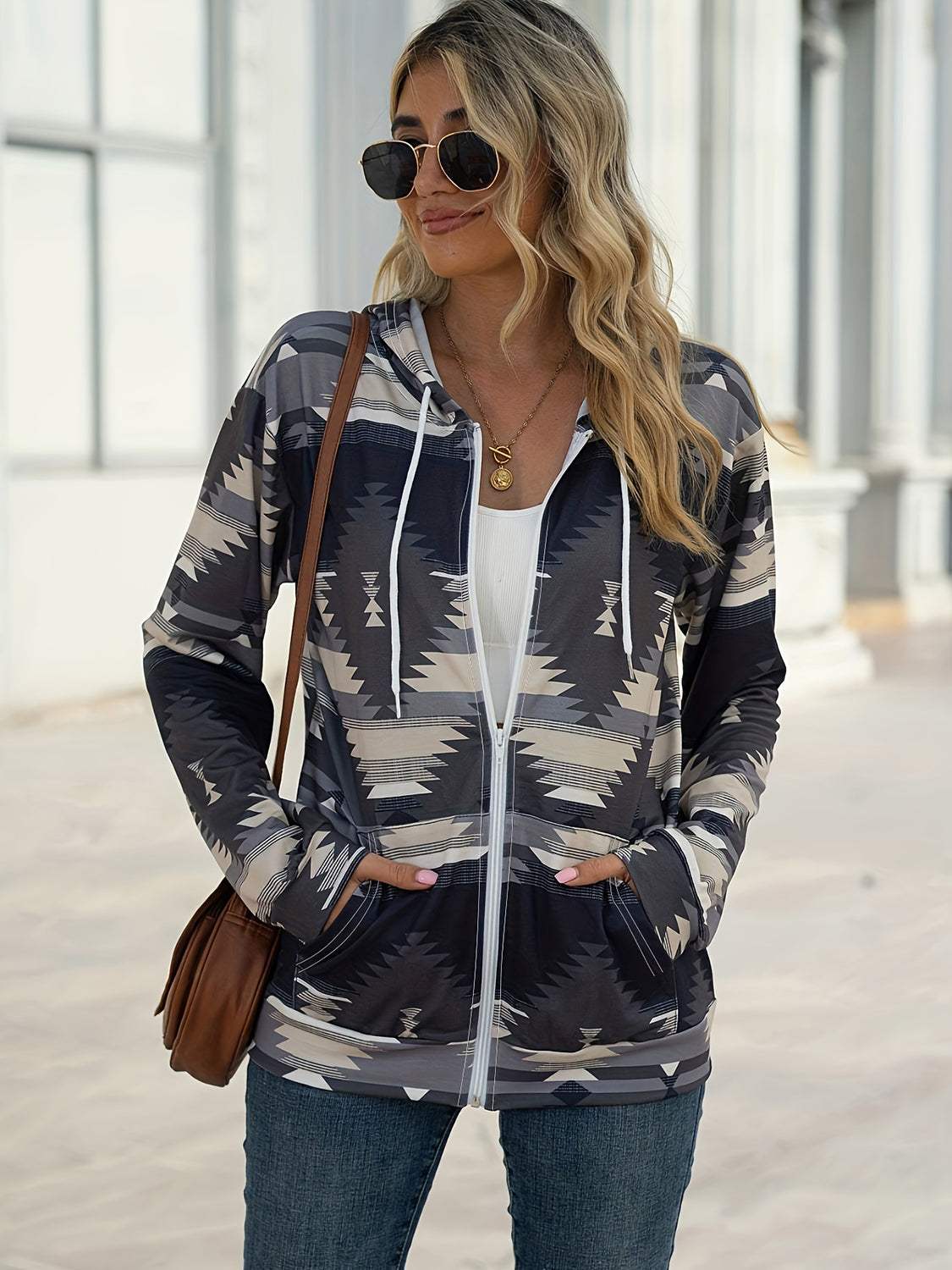 Geometric Zip Up Long Sleeve Hooded Jacket - Trendsi - Flyclothing LLC