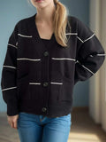 Striped Button Down V-Neck Long Sleeve Cardigan - Trendsi - Flyclothing LLC