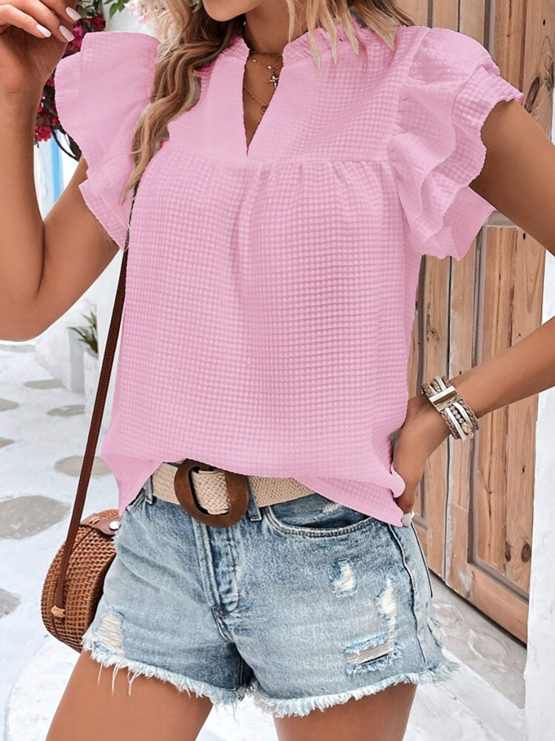 Ruffled Notched Cap Sleeve Blouse - Trendsi - Flyclothing LLC