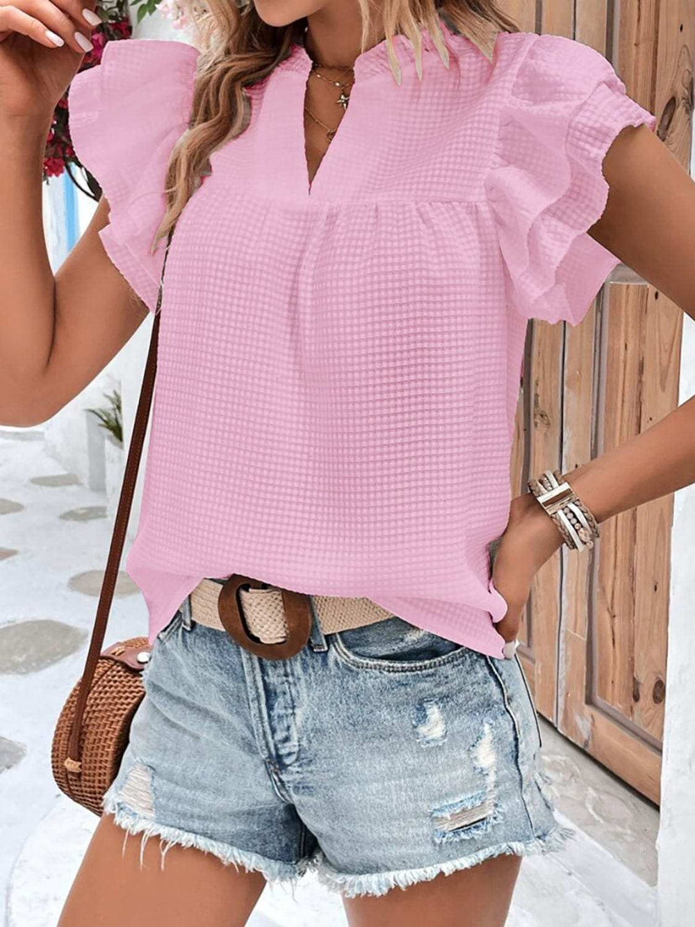 Ruffled Notched Cap Sleeve Blouse - Trendsi - Flyclothing LLC