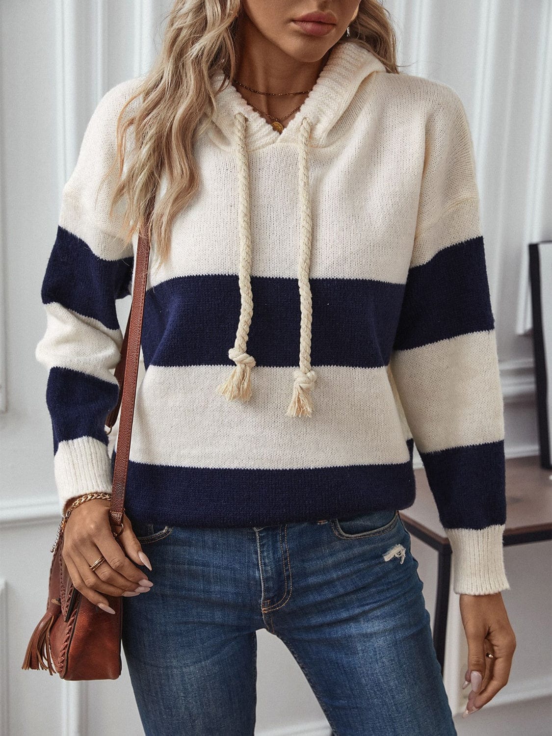 Drawstring Contrast Stripe Dropped Shoulder Hooded Sweater - Trendsi